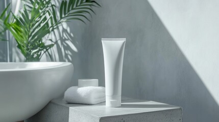 Obraz premium White plastic mockup cosmetic, cream tube standing on a bathroom shelf. Studio photography. stock photo