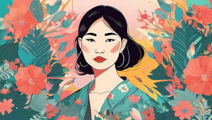 Asian woman floral background flowers leaves summer spring garden