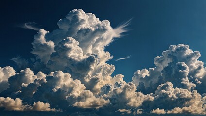 Dramatic, towering cumulonimbus clouds rise against a deep blue sky, showcasing a powerful and dynamic weather scene