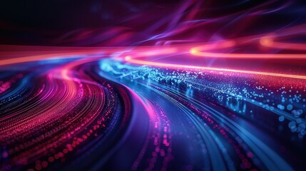 Fototapeta premium Dynamic abstract image of vibrant neon light trails in pink, blue, and purple hues, creating a futuristic and energetic visual.