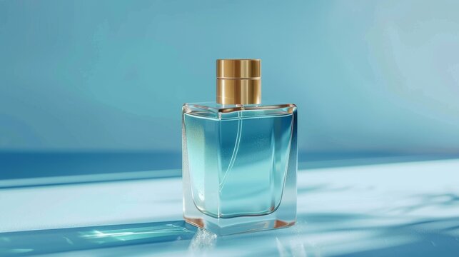 Glass bottle of blue perfume with a gold lid on a blue background with a light blue reflection.
