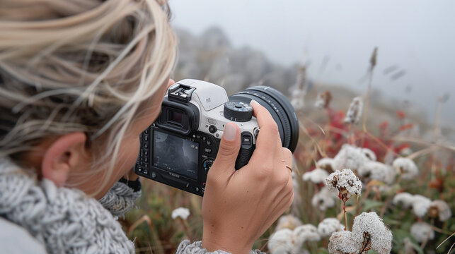 woman taka  photo with a camera about the nature field wild flowers