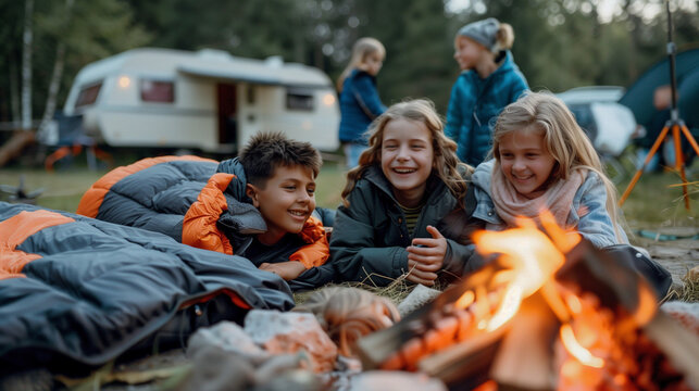 A group of young people are lying with their sleeping bags in front of a small campfire and in the background is a caravan
