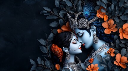 Divine scene of Lord Krishna and Radha, their love depicted through intricate details and soft colors, classical Indian art, cultural symbolism, copy space for text,