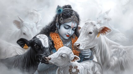 Artistic portrayal of Lord Krishna in his avatar as the divine cowherd, surrounded by cows, representing love and care for all beings, traditional art style, copy space for text,