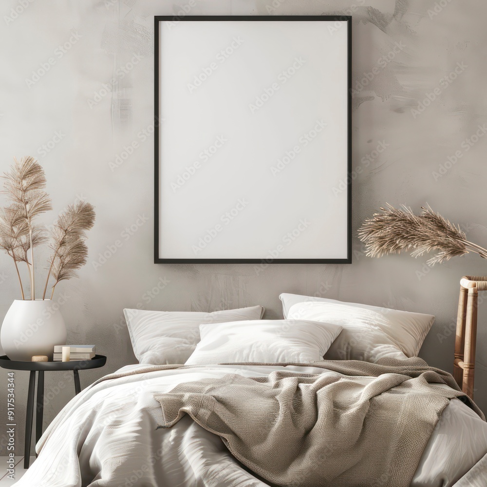 Wall mural stone-gray colored bedroom with black frame portrait