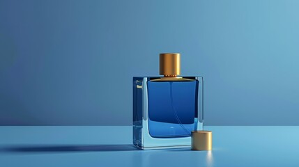 A blue glass perfume bottle with a gold cap and a gold lid is on a blue surface.