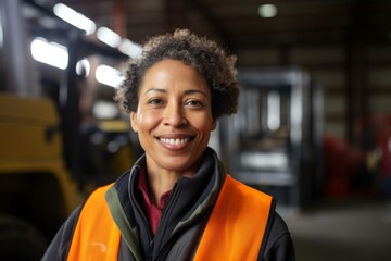 Portrait of a middle aged female forklift worker in warehouse