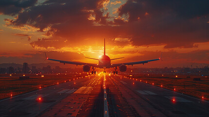 plane landing at sunset
