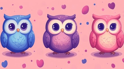 Obraz premium Cute Cartoon Owls in Blue, Purple, and Pink on a Pink Background with Hearts and Dots