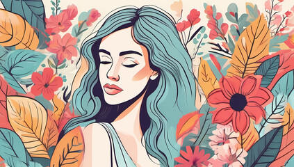 beautiful retro asian woman floral garden flowers leaves colorful vintage spring summer