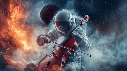 Fototapeta premium A photo of a scientist contemplative in a spacesuit playing a cello with a black hole behind, isolated on a light interstellar dust background