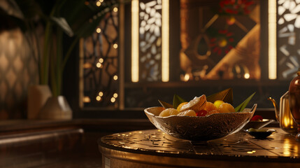 Fototapeta premium Luxurious, warm-toned setting with a bowl of exotic fruits on a richly decorated table, framed by intricate, ambient lighting in a cozy interior