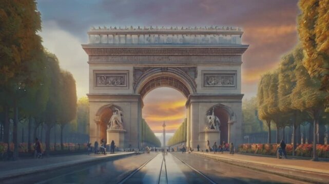 arc de triomphe at night, seamless looping animation video background 