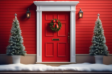 Fototapeta premium Decorated porch of the house for Christmas. The red front door with a beautiful Christmas wreath. Stylish holiday concept at home