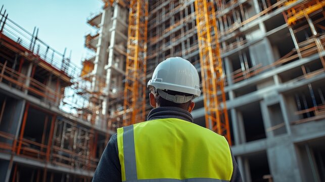 construction worker wearing a yellow high-visibility vest and a white safety helmet looking upwards.