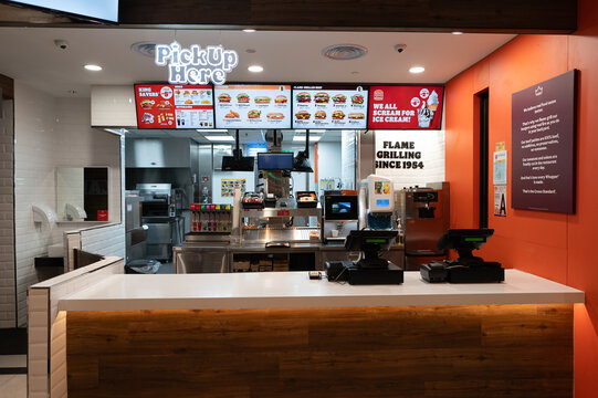 KUALA LUMPUR, MALAYSIA - NOVEMBER 15, 2023: service counter in Burger King at KL International Airport (KLIA). Burger King is an American multinational chain of hamburger fast food restaurants.