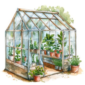 watercolor greenhouse with potted plants clip art preview