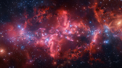 Fototapeta premium An expansive galactic view, bold red and blue nebulae intertwining, dotted with shining stars, dark cosmic backdrop