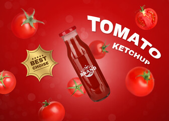 Ketchup advertising poster. Bottle of sauce and tomatoes in air on red background