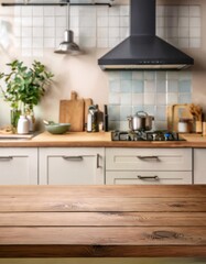 various items placed on a wooden table with a minimalist kitchen background. generative ai