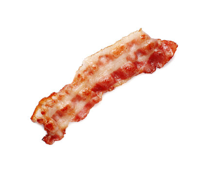 Slice of tasty fried bacon isolated on white, top view
