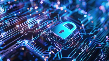Fototapeta premium Cybersecurity and Data Protection: A 3D Illustration of a Lock on a Circuit Board