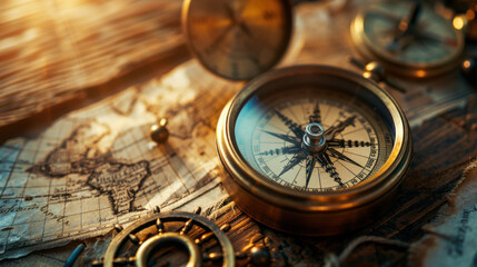 An old-fashioned compass on a wooden table, surrounded by nautical maps and mechanical parts, soft sunlight from the side casting shadows, compass in sharp focus, detailed wood grain and maps