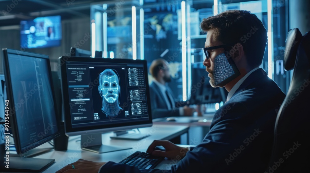 Wall mural man working with face recognition software