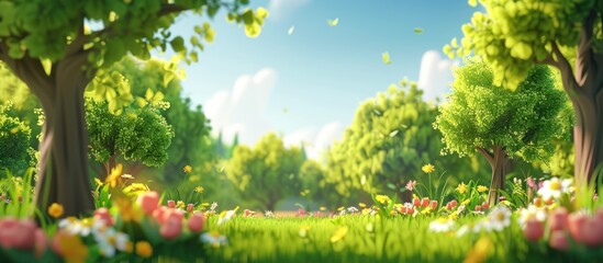 Springtime Meadow with Lush Greenery and Flowers