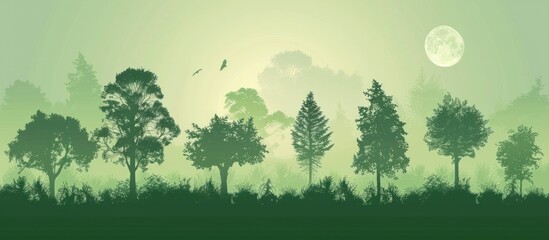 Silhouetted Trees in Misty Forest with Moon
