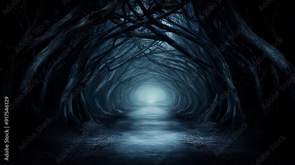Wall mural abstract dark forest scene with swirling shadows and ghostly figures, a twisted pathway leading into