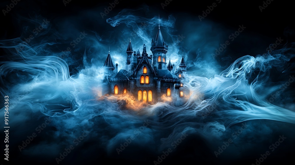 Canvas Prints surreal floating castle with glowing windows, surrounded by ghostly apparitions and swirling mist, a
