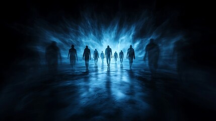 Dark and twisted carnival with eerie lighting, ghostly figures floating among the shadows, an abstract and spooky Halloween atmosphere, surreal and ominous, copy space for text,