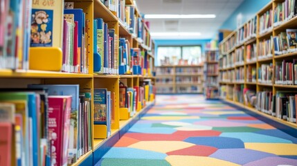 Colorful Bookshelves in a Library.