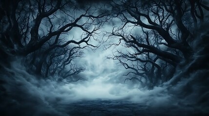 Obraz premium Abstract dark forest with trees forming twisted, ghostly figures, eerie mist creeping through the landscape, a spooky and ominous Halloween atmosphere, copy space for text,