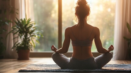 Woman meditating in yoga pose in front of window.