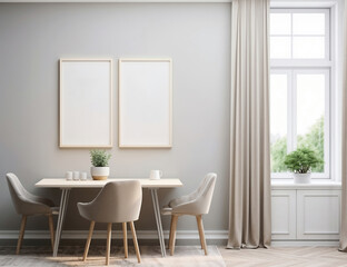 Modern dining room with two empty frames hanging on a wall