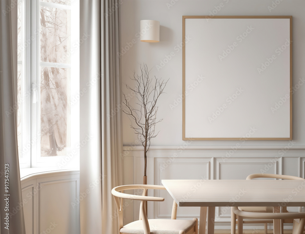 Poster Modern minimalist dining room with empty frame showing winter scene