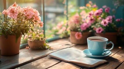 Coffee, Book, and Flowers on Windowsill.