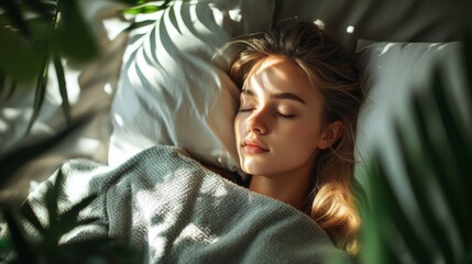 Woman Sleeping in Bed with Sunlight Streaming Through Window.