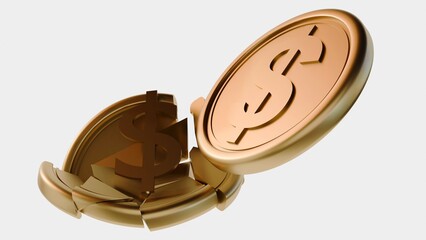 3D rendering of a gold dollar coin shattering into multiple fragments.