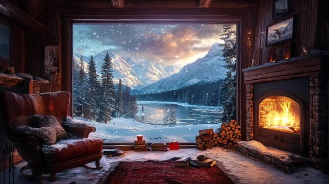 Cozy cabin room with a warm fireplace and a large window showcasing a serene winter landscape.
  Seamless looping 4k time-lapse virtual video animation Generated AI
