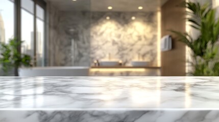 Fototapeta premium Empty marble table top. Blurred bathroom interior background