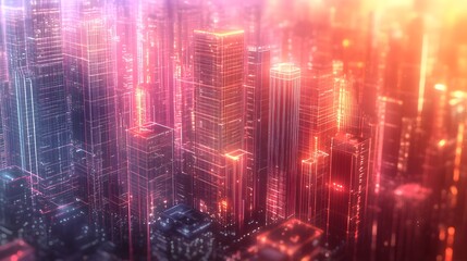 Naklejka premium Digital Cityscape with Luminous Skyscrapers and Data Streams, Symbolizing Technological Integration in Urban Life