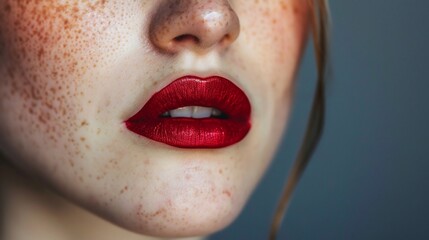 Obraz premium Close-up portrait of Sexy Red Lips. Beautiful Perfect Makeup. Beautiful red lip gloss. Cosmetics.