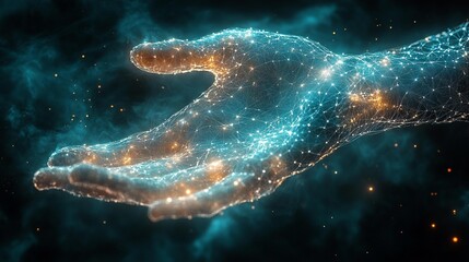 Fototapeta premium Digital Hand Hologram on Dark Background with Neural Network Connection, Ideal for AI Communication and Technology Imagery, Generative AI