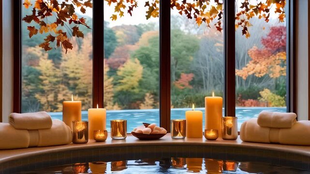 luxurious indoor spa setting with steaming hot tub surrounded by lit candles, soft towels, and smooth black stones. view from the panoramic window is a beautiful autumn forest