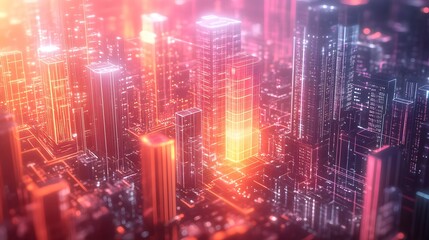 Obraz premium Digital Cityscape with Luminous Skyscrapers and Data Streams, Symbolizing Technological Integration in Urban Life