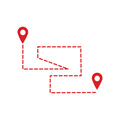 Navigation line. Map pointer icon. Red linear icon on white background. a directional line that shows the direction of a journey from one point to another on a digital map. 